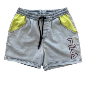 FILA Denim Shorts Mens Medium Blue Yellow Embroidered Logo‎ Drawstring